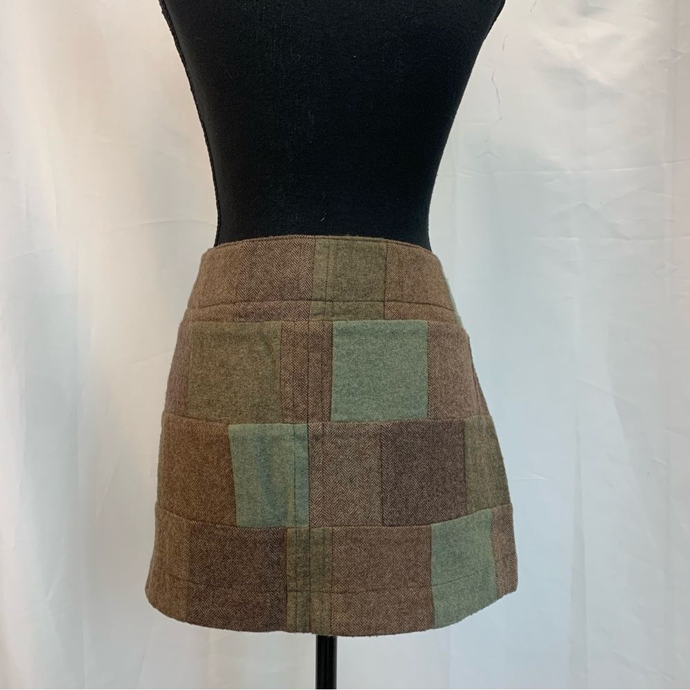 AMERICAN Eagle brown green wool patchwork square print mini skirt Sz 10 - Picture 4 of 11